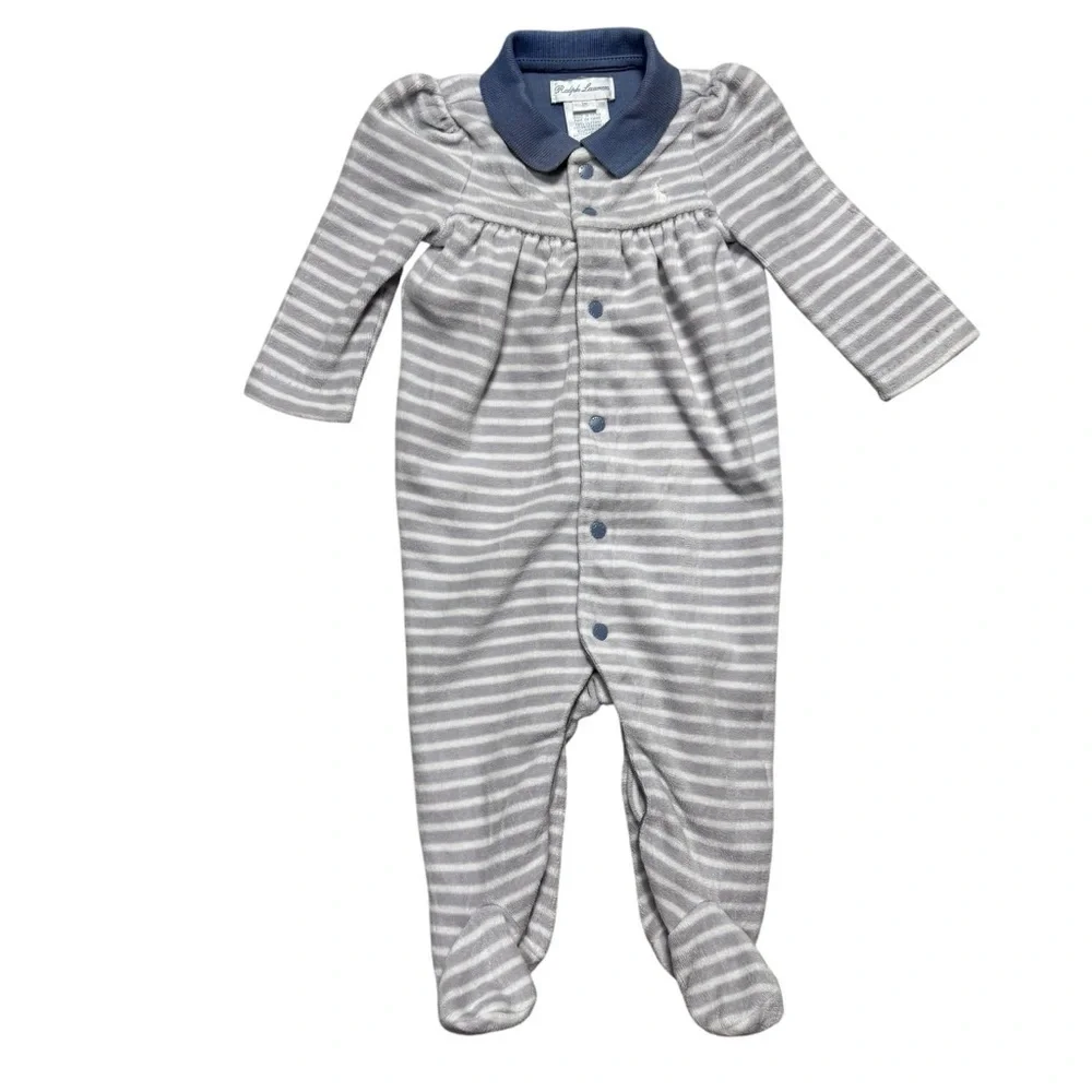 Ralph Lauren Baby Striped Cotton Velour Footed Coverall Size 3 Month